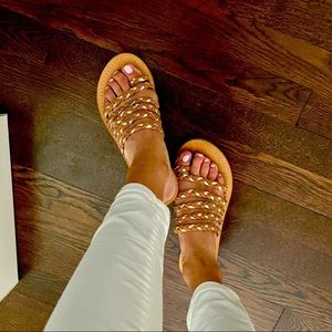 Anthropologie gladiator slide on sandals; size 6; real leather, tan & metallic